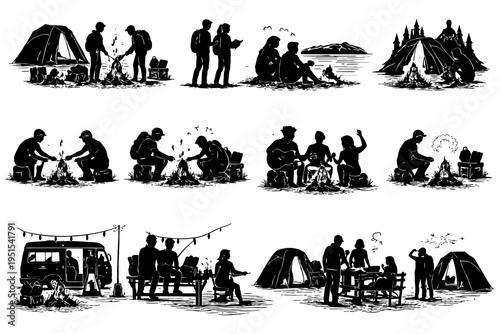 Outdoor camping silhouettes: people, tents, campfires, nature scenes, campers relaxing.