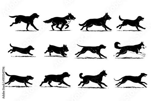 Silhouettes of running dogs in various poses and breeds.