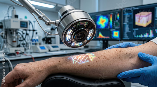 Skin analysis device scanning human arm with freckles medical laboratory, advanced dermatology technology showing skin condition and health data monitors, detailed skin examination with digital
