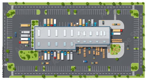 Aerial View of a Distribution Center with Parking and Trucks.
