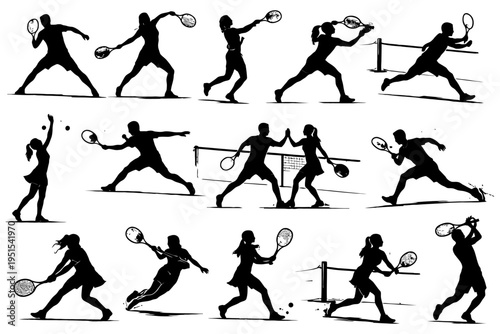 Silhouette tennis players: energetic poses and dynamic action scenes.