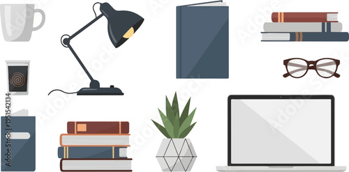 Flat illustration of study items mug, desk lamp, books, plant, laptop, glasses