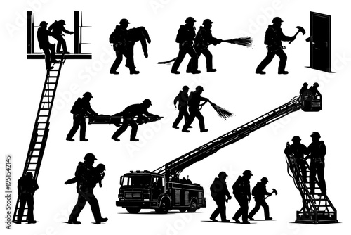Firefighter silhouettes in action with equipment and ladder rescues on white background.