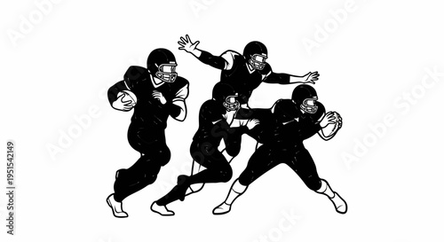 Four stylized figures in black and white uniforms play football