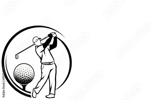 Golfer in mid-swing with club, ball on tee, within circle