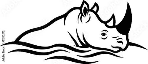 Minimalist black and white illustration of a rhinoceros in water