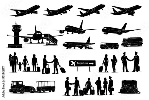 Silhouettes of airplanes, passengers, and crew at busy airport scene.