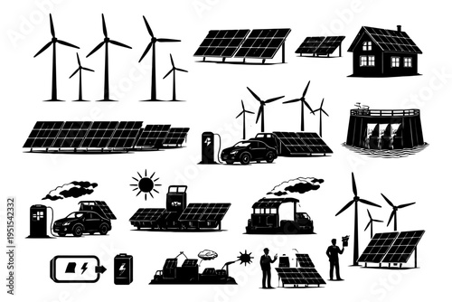 Renewable energy: solar panels, wind turbines, electric cars, hydroelectric power.