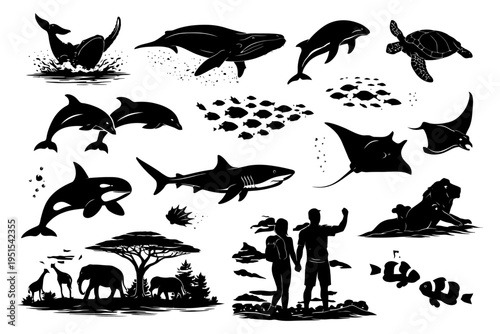 Silhouette wildlife: marine animals and african safari scene with couple.