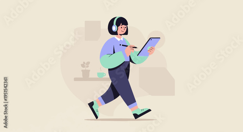 Person wearing headphones, walks with tablet and stylus