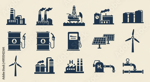 Energy Industry Icons - Oil, Gas, Solar, Wind Power.