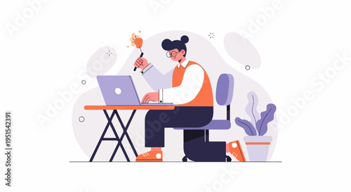 Person with glasses works on a laptop at a desk with a plant