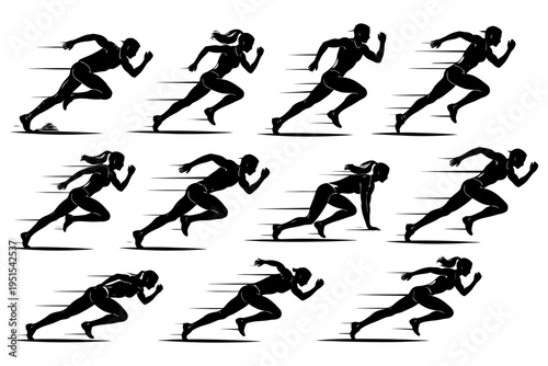 Silhouettes of athletic female runners in motion on white background.