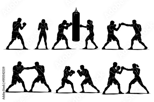 Silhouettes of athletes boxing and training with punching bag.