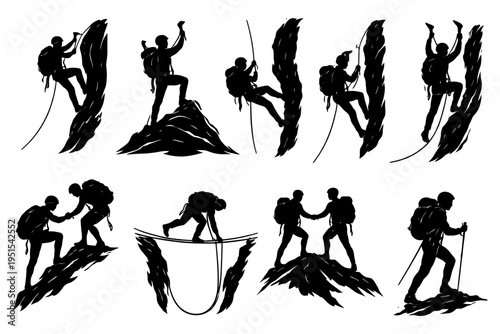 Silhouettes of climbers engaged in various rock climbing activities.