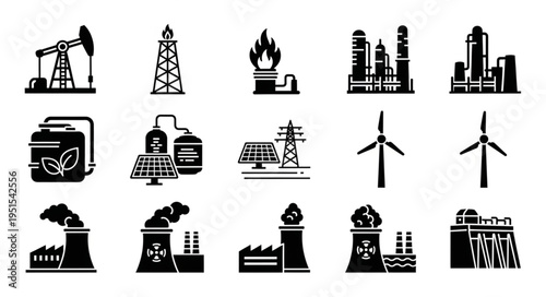 Energy Production Icons - Oil, Gas, Nuclear, Solar, Wind, and Hydro Power.