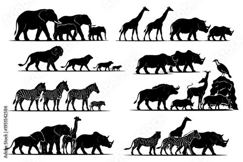 Silhouettes of diverse african wildlife herds in natural parade.