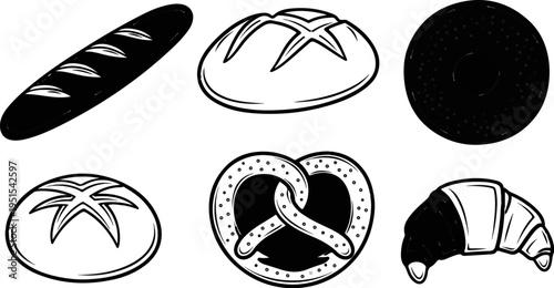 Six black and white illustrations of baked goods