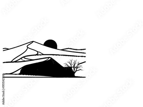 Stylized desert dunes at sunset with a silhouette of a bare tree