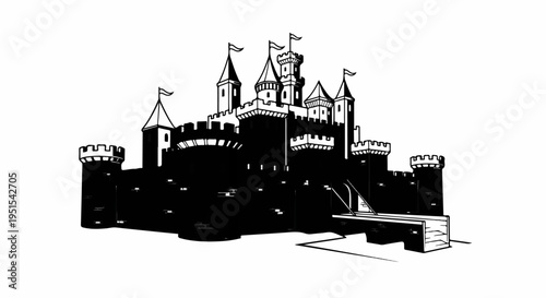 Fantasy castle with flags, towers, battlements, and drawbridge