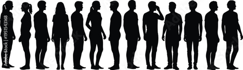 A vector illustration featuring the black silhouette of a man and a human body outline alongside a skeleton pose amidst a business crowd of fashion models and people