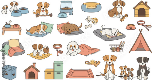 Cartoon Puppy Care Collection with Dogs Beds Kennels Bowls Toys Blankets and Pet Accessories for Cute Animal Vector Illustration