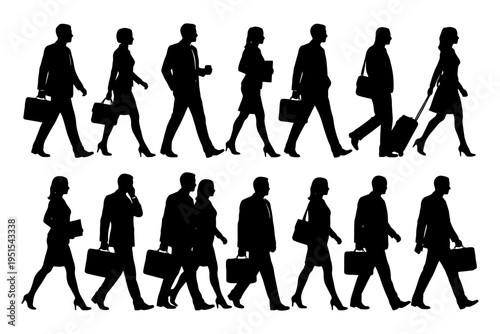 Silhouettes of business people walking and carrying briefcases.