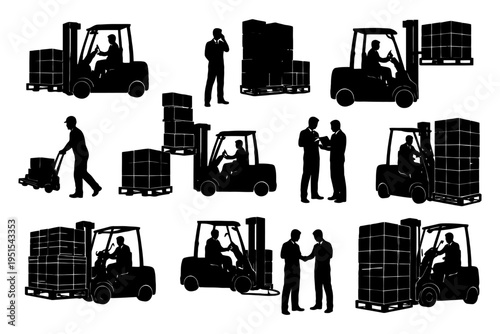 Silhouettes of workers and forklifts in warehouse operations.