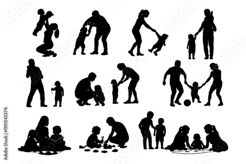 Silhouettes of adults and children in playful interactions and reading.