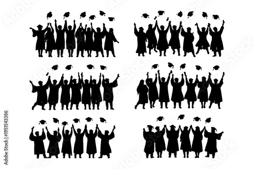 Silhouette of diverse graduates celebrating with caps in the air.