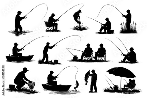 Silhouette collection of male anglers fishing in various scenarios.
