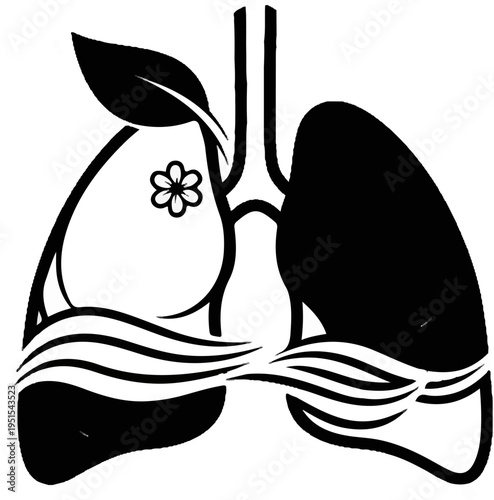 Stylized lungs with a leaf and flower on left, wavy lines below