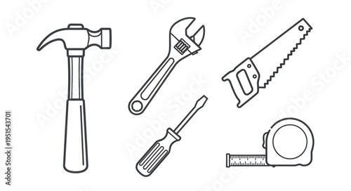 Collection of hand tools for construction and repair work, isolated on white background.