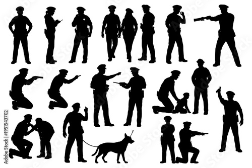 Silhouettes of police officers in various poses and actions.