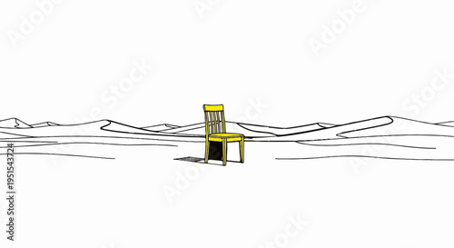 A lone yellow chair sits in a minimalist desert landscape with sand dunes