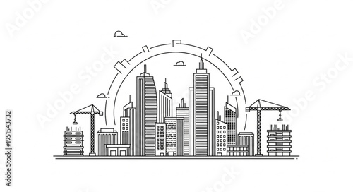 Urban skyline illustration featuring skyscrapers, construction cranes, and architectural elements.