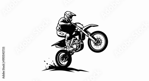 A black and white illustration of a motocross rider performing a wheelie
