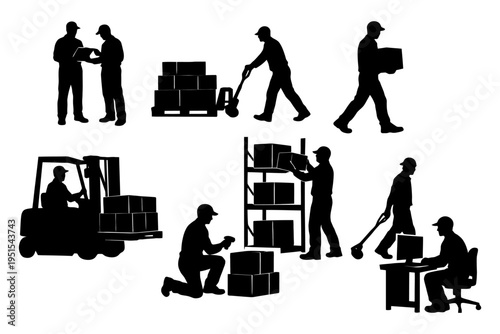 Warehouse workers silhouette set illustrating logistics and storage activities.