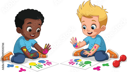 Two creative children, a boy and girl, enjoy fun childhood learning together as they play with toys and paint an art drawing for their preschool teacher