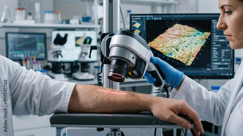 Doctor scanning patient arm with handheld medical imaging device in laboratory setting, advanced technology for skin analysis and diagnosis, focused professional wearing gloves