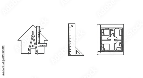Architectural design tools and blueprints for construction projects.