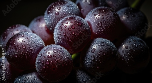 Close up of ripe purple grapes covered in water droplets with dark background