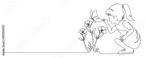 Continuous line drawing of a little girl in a flower garden 1.eps
