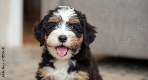 Joyful tricolor Bernedoodle puppy sitting indoors gazing at camera