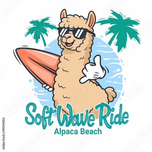 Alpaca Wearing Sunglasses Holding Surfboard.