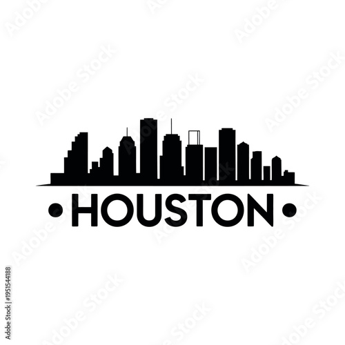 A black silhouette of the Houston city skyline on a white background