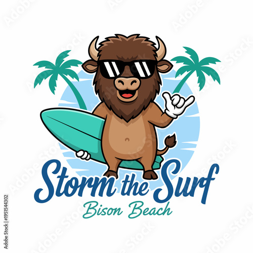 Cartoon bison wearing sunglasses surfboard.