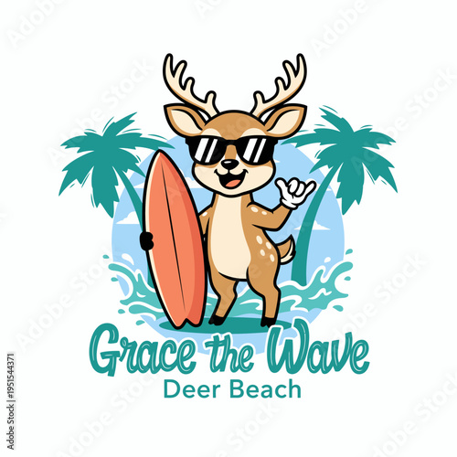 Cartoon deer with surfboard and sunglasses.