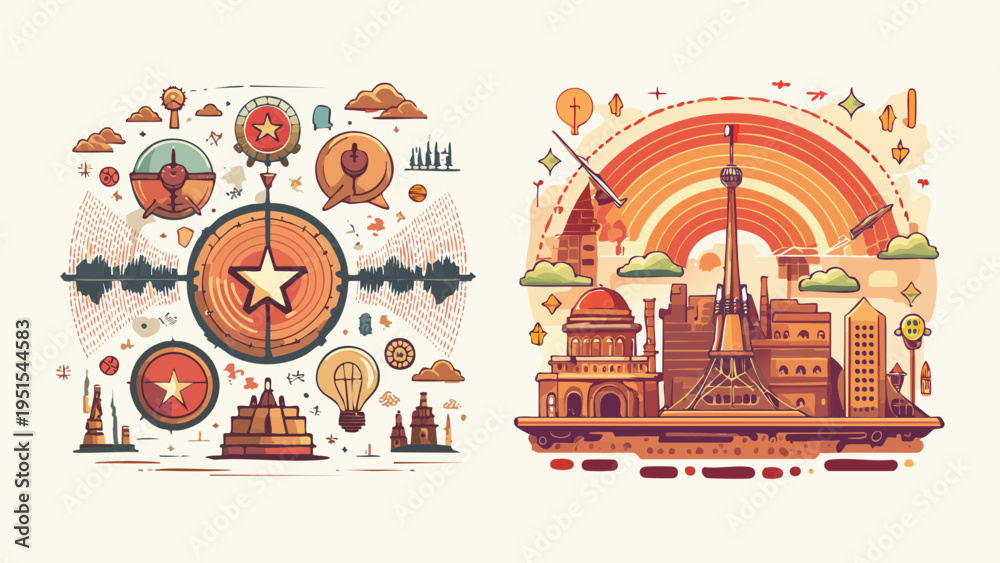 Fototapeta premium A captivating collection of abstract illustrations featuring urban landscapes and geometric designs with a retro aesthetic