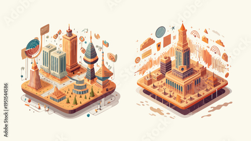 Stylized isometric cityscapes showcasing modern urban development and architectural visions, a digital representation of innovative planning concepts for vibrant cities